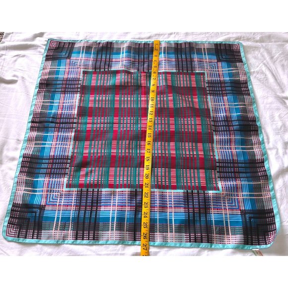 Vintage Morsly Scarf Tartan Plaid Square Geometric Italy 27" Blue Green - Picture 5 of 10